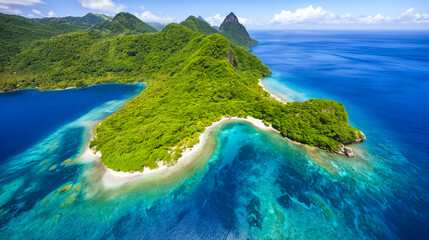 Aerial view of lush tropical island with turquoise lagoon white sandy beaches and deep blue ocean under clear sky © Myroslava
