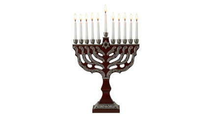 Fototapeta premium Elegant wooden menorah with lit candles a symbol of Hanukkah celebration and Jewish heritage.
