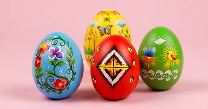 Easter Eggs: A vibrant display of intricately decorated Easter eggs, each a miniature work of art, celebrates the season with bursts of color and symbolic designs.