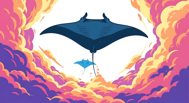 A vibrant illustration of a manta ray and a bat flying together in a colorful sky with clouds