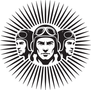 Three aviator faces in black and white with goggles and sunburst