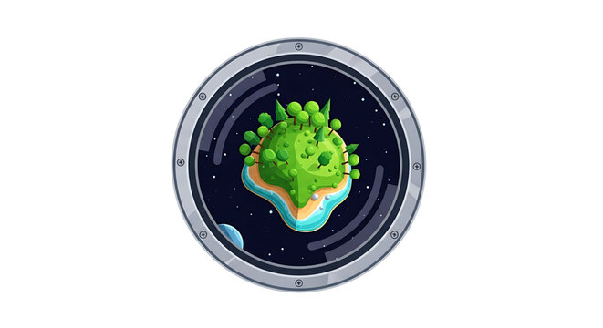 A vector graphic illustration of a green virus cell in a circular frame with a space background