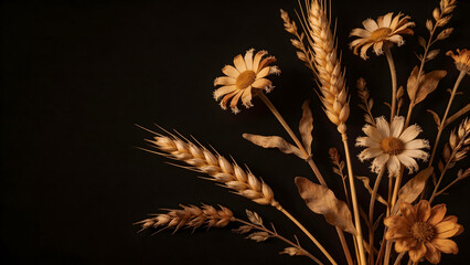 Obraz premium Dried flowers and wheat on black