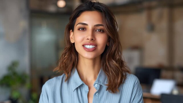 A vibrant close-up portrait of a beautiful young woman with long wavy brown hair, wearing a light blue collared shirt. She is smiling warmly and confidently at the camera with a bright, engaging expre