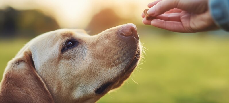 The Labrador sniffing a treat from a human hand at sunset