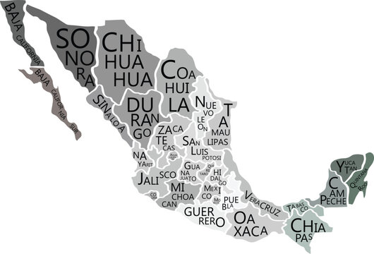 Greyscale vector mexico map with all states names