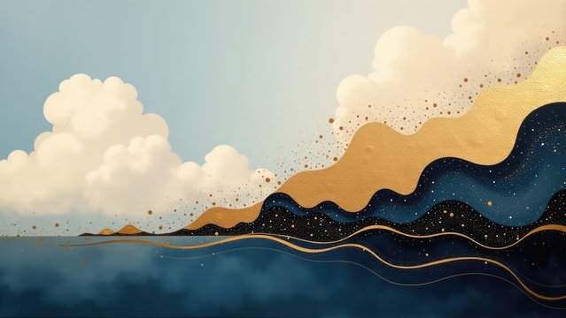 A serene scene featuring a mountain range meeting the ocean, with clouds drifting across the sky