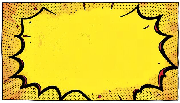 A vibrant yellow comic book style speech bubble with a black outline and halftone dots on a white background for text or design elements