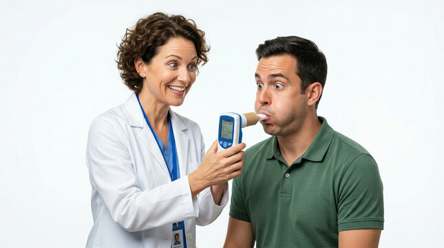 Female doctor conducting breath test with male patient in clinic  
