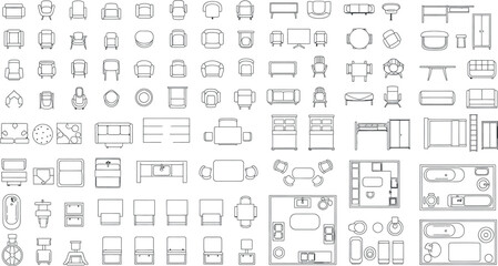 Obraz premium Architectural plans collection top down views of furniture and room layouts isolated on transparent background