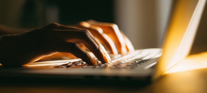 The Hands Typing on a Laptop Keyboard in Warm Ambient Light