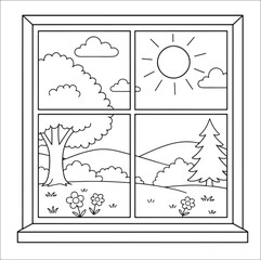 Window view landscape coloring page for kids vector illustration. © Sima