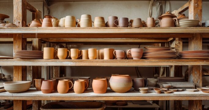 The Pottery Studio Shelves Filled with Handmade Ceramic Mugs Bowls and Plates