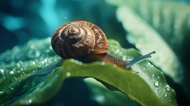 Snail crawling on a wet green leaf with raindrops in macro