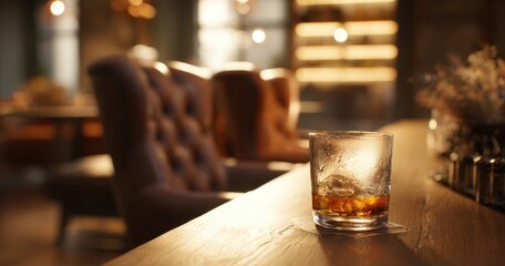 Obraz premium The Whiskey Glass on a Wooden Bar Table in a Cozy Leather Lounge