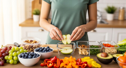 Naklejka premium 健康的な食事準備: 女性がキッチンで果物や野菜をカット