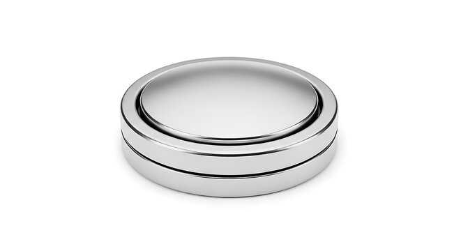 A close-up studio shot presents a shiny, metallic, disc-shaped object on a stark white background, radiating simplicity