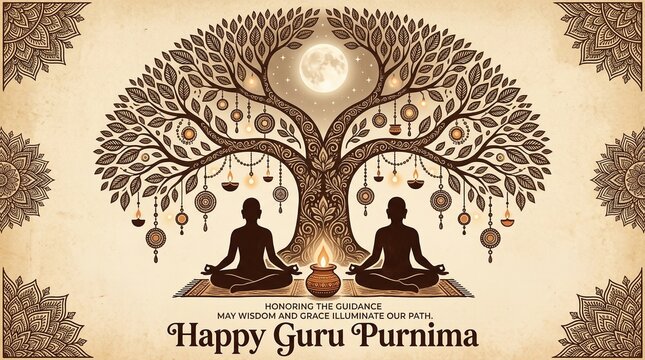 Happy Guru Purnima abstract vector artwork featuring silhouettes of a guru and shishya in a sacred posture under a Bodhi tree, glowing auras, and traditional Indian decorative borders.