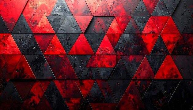A close-up view of a wall composed of red and dark grey triangles arranged in a random pattern, creating a textured surface