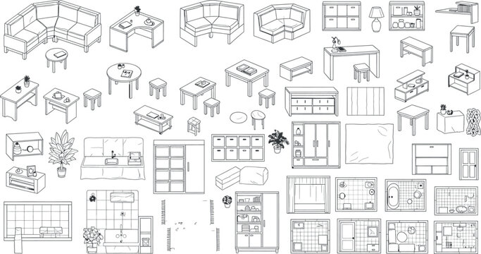 Technical drawing collection isometric furniture and architectural elements isolated on transparent background
