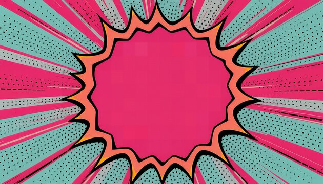 A vibrant pop art style illustration featuring a pink explosion shape with teal and pink rays emanating from it on a white background.