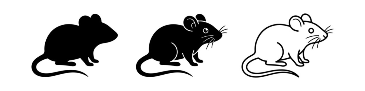 A set of minimalist mouse icons featuring a rodent silhouette in solid black, detailed black with highlights, and thin line art styles.