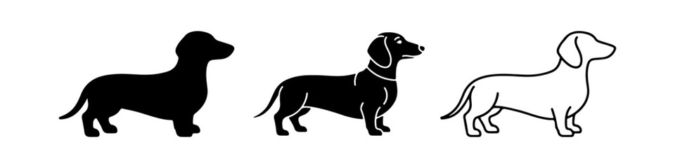 A set of minimalist dog icons featuring a dachshund silhouette in solid black, detailed black, and thin line art styles. © KirST