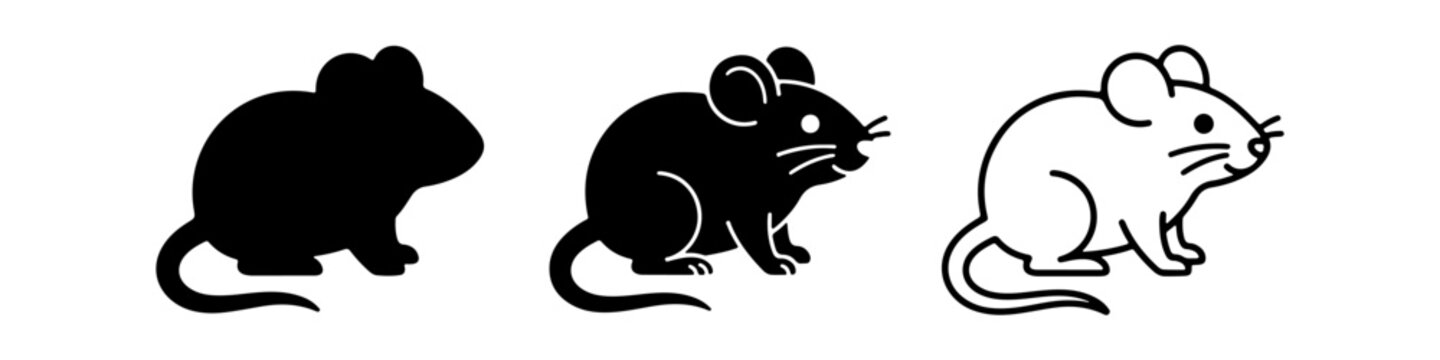 A set of minimalist mouse icons featuring a rodent silhouette in solid black, detailed black with highlights, and thin line art styles.
