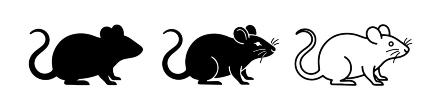A set of minimalist mouse icons featuring a rodent silhouette in solid black, detailed black with highlights, and thin line art styles.