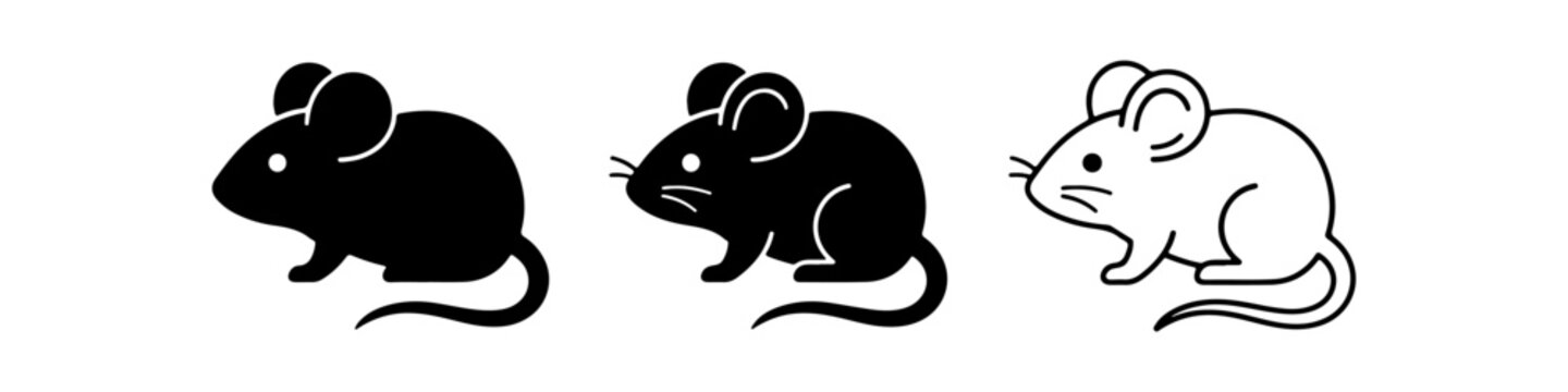 A set of minimalist mouse icons featuring a rodent silhouette in solid black, detailed black with highlights, and thin line art styles.