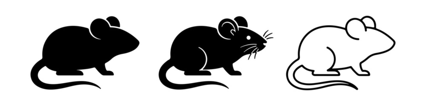 A set of minimalist mouse icons featuring a rodent silhouette in solid black, detailed black with highlights, and thin line art styles.