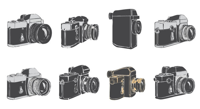 set de cameras retro vintage diferentes modelos isolado sobre fundo branco colecao fotografia classica