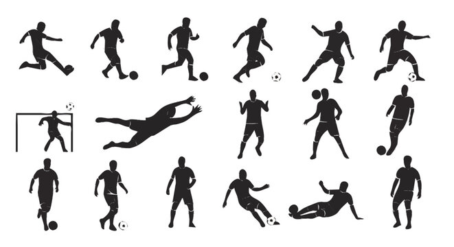 set de icones de jogador de futebol em diferentes poses isolado em fundo branco conceito esportivo