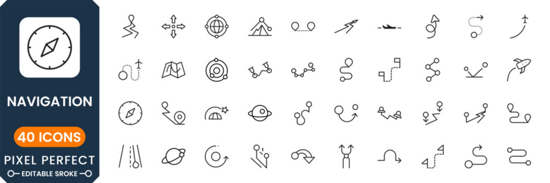 Navigation icon set featuring maps, GPS location pins, route direction, compass, travel guidance, tracking system and wayfinding symbols