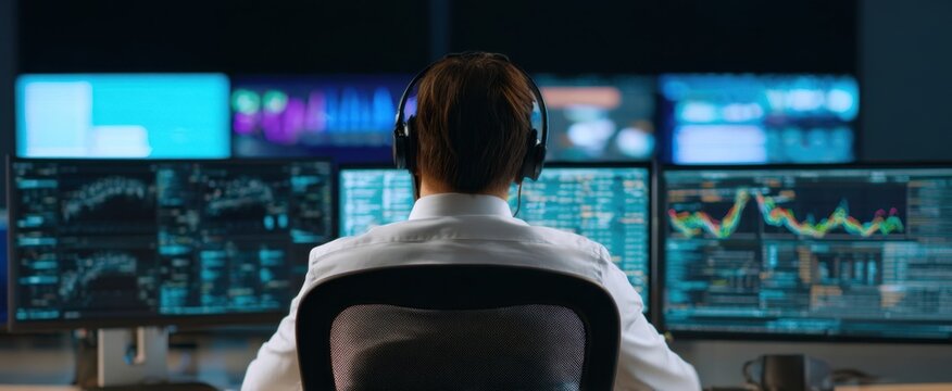 The Trader at a Multi Screen Workstation Monitoring Live Stock Market Charts and Data