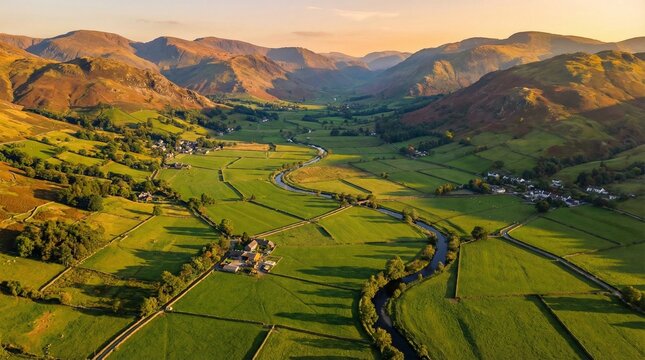 Stunning aerial landscape of a lush green valley with winding river, patchwork farmland, and surrounding mountains illuminated by warm golden hour sunlight. Peaceful rural scenery with vibrant colors 