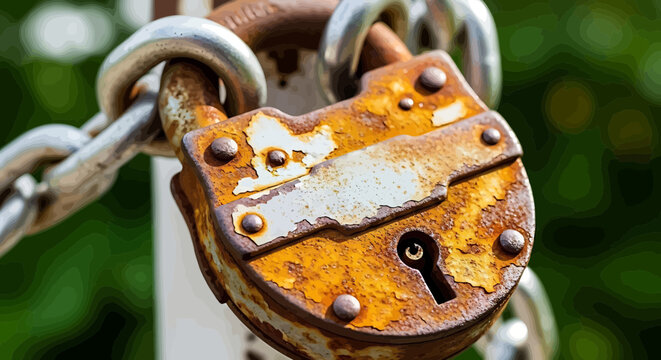 A close-up of a rusty old padlock with a chain on a green background