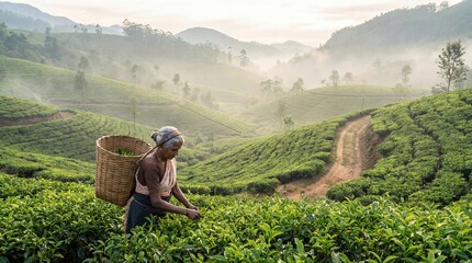 Naklejka premium Elderly Woman Tea Picker Harvesting Green Leaves In Misty Plantation Hills