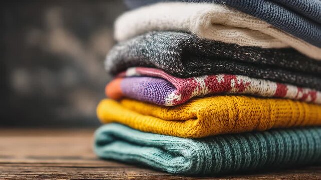 Neatly folded textile stacks with warm lighting on rustic wood