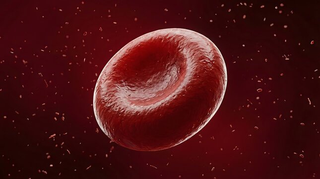Extreme macro portrait of a single biconcave red blood cell showcasing its flexible lipid membrane and structural detail in a deep red biological fluid.