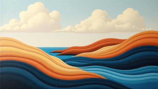 A serene beach landscape with waves rolling in and fluffy white clouds in the sky