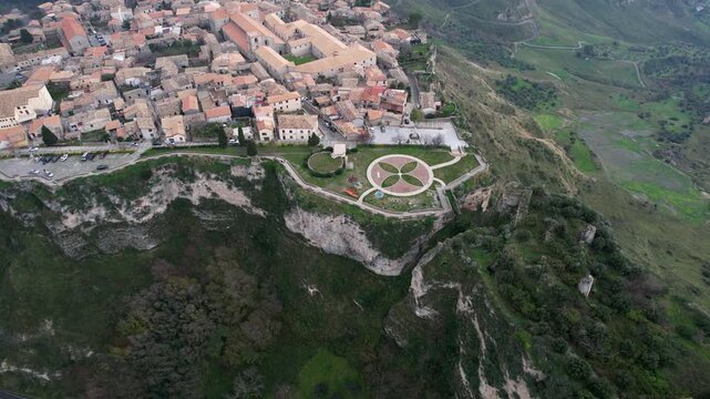 Aerial view of the town of Gerace, southern Italy, Calabria, April 7, 2026. Medieval village on a cliff.