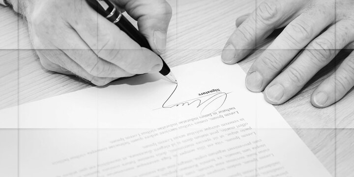 Man signing a contract, geometric pattern
