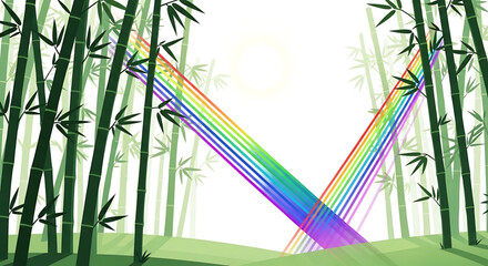 Obraz premium A vibrant rainbow vector graphic intersecting in a serene bamboo forest