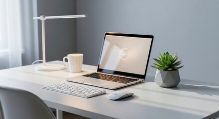 Fototapeta premium A modern home office setup with a laptop and minimalist decor