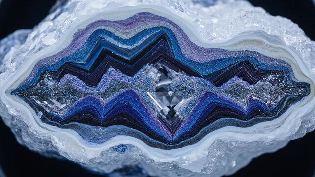 Close-up of a beautiful agate geode with layers of purple, blue, and white crystals