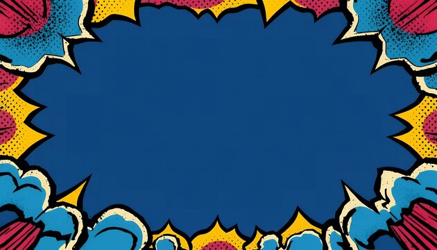 A vibrant comic book style border with colorful explosions and clouds on a blue background for creative design or graphic illustration purposes