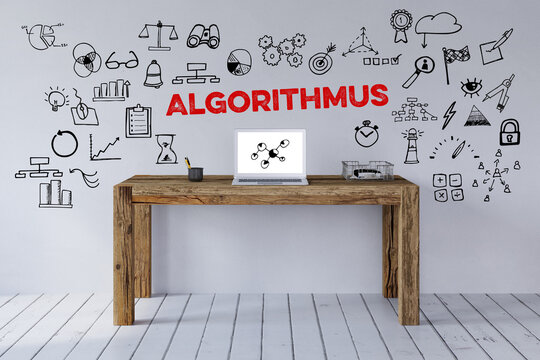 Algorithmus Schriftzug &uuml;ber Schreibtisch mit Laptop, umgeben von Icons
