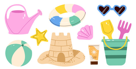 Children's beach toy Collection with sand castle, colorful swim ring, sunscreen, and bucket. Isolated summer vacation elements for childhood design projects. © Инна Музыка