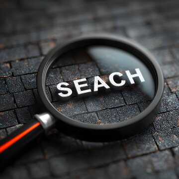 A magnifying glass with the word 'SEACH' on a dark brick background